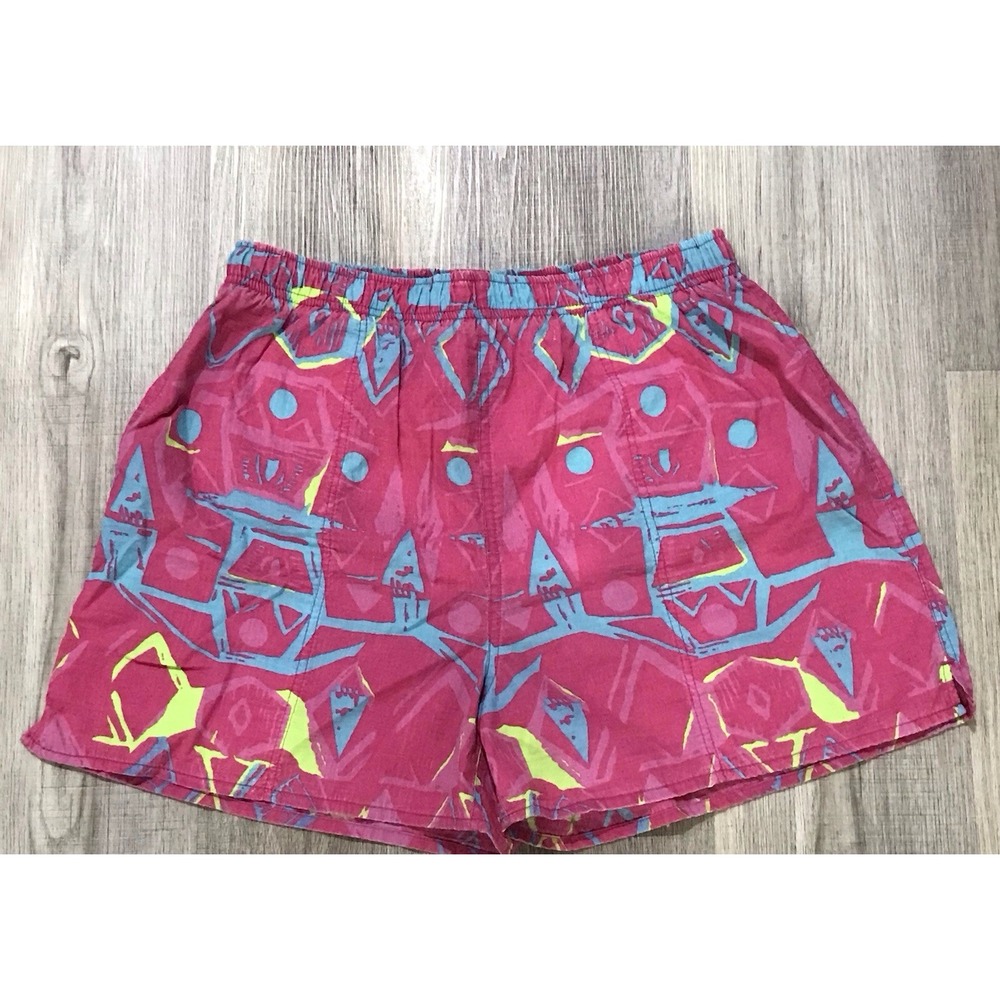 80s Vintage Ocean Blue Abstract Print Pink Drawstring Swim Trunks Men's Large